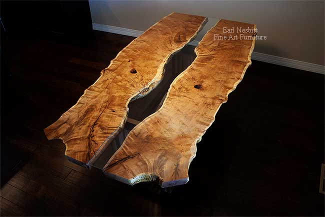 custom made live edge table from above showing bookmatched Sonoran Honey Mesquite top